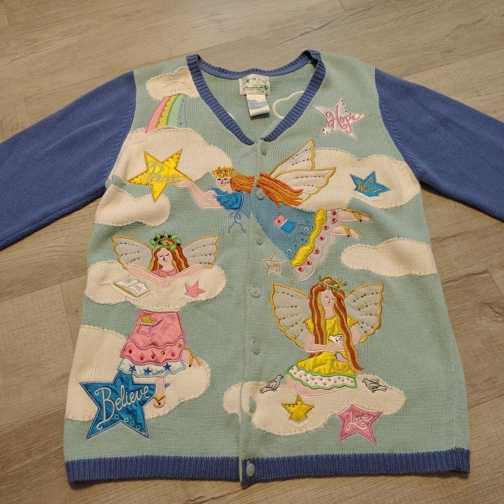 VTG Quacker Factory Angels Clouds Heaven 90's Cardigan Knit Sweater Medium